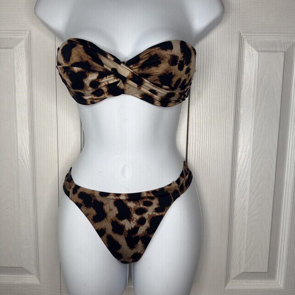 Victoria Secret Leopard Print Bandeau Bikini Top 36A Gold Hardware Swim Y2K VS